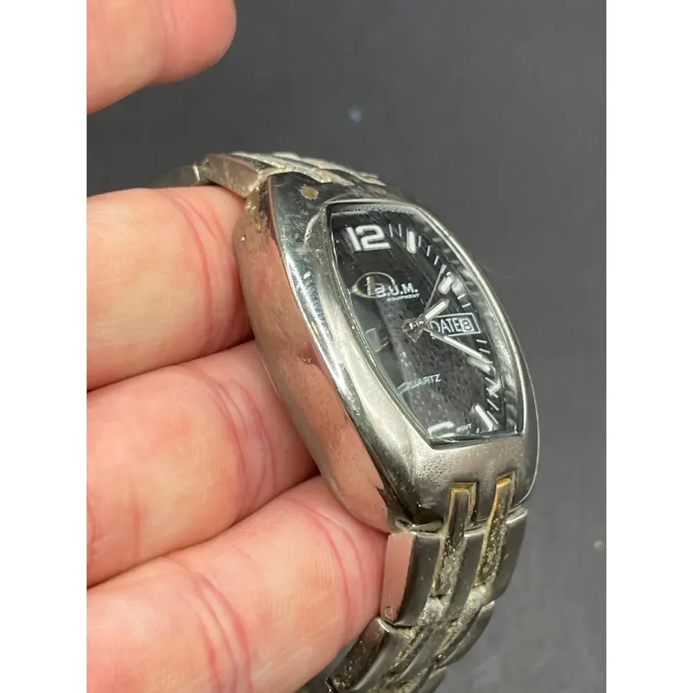Bum Equipment 3316 Analog Date/Day Mens Quartz Watch Black Dial Silver Tone 36mm